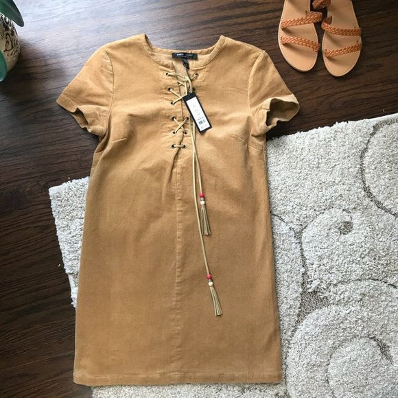 ✨ NWT Camel Corduroy Lace Up Tassel Dress - Picture 2 of 11